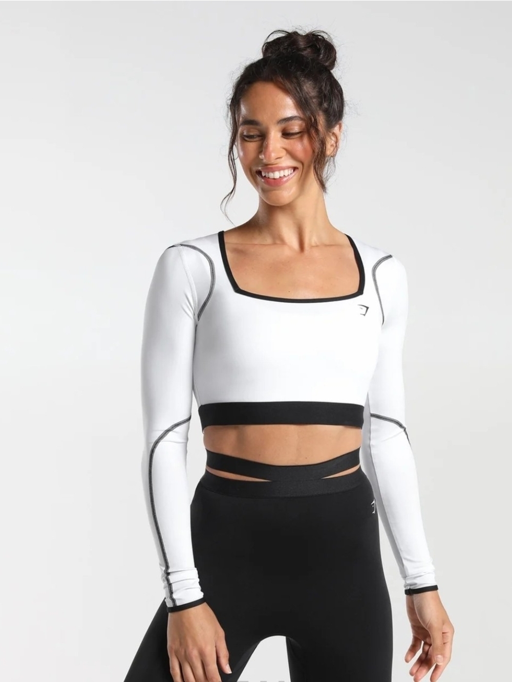 Gymshark Women's White/Black Contrast Long Sleeve Square Neck Crop Top S